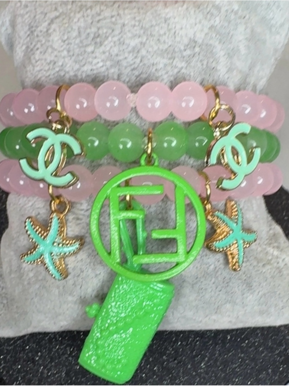 Chic Pink & Green Beaded Charm Bracelet Set